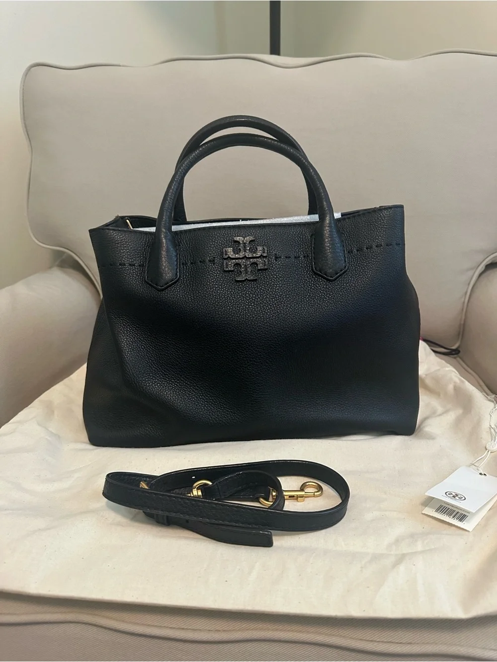 Tory Burch McGraw Triple Compartment Satchel in Black Pebbled Leather